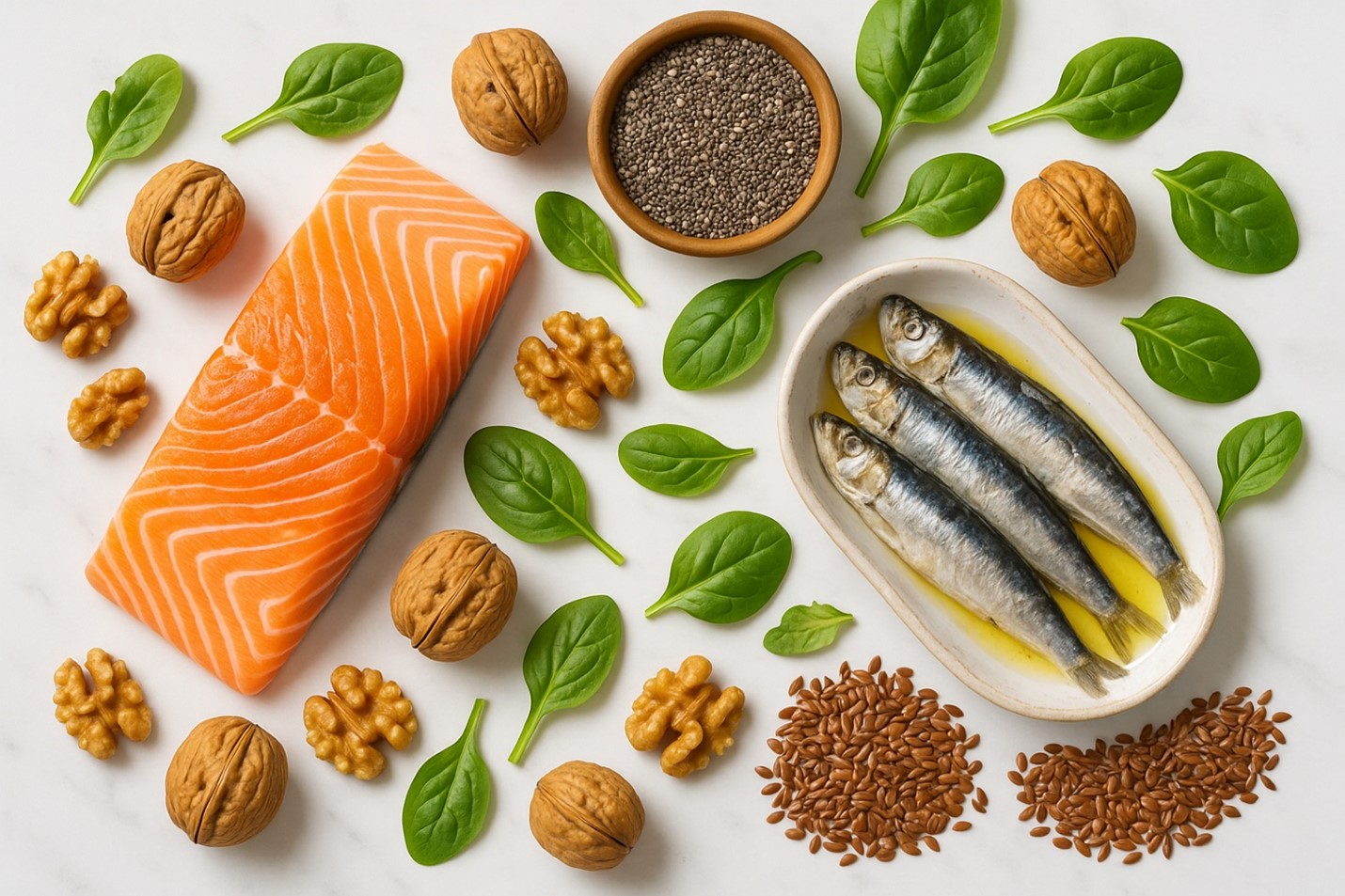 Omega-3 rich foods including salmon, walnuts, chia seeds, and leafy greens arranged on marble surface.
