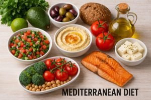 Mediterranean Diet meal components featuring grilled salmon, hummus, fresh vegetables, olives, whole grain bread, and extra virgin olive oil.