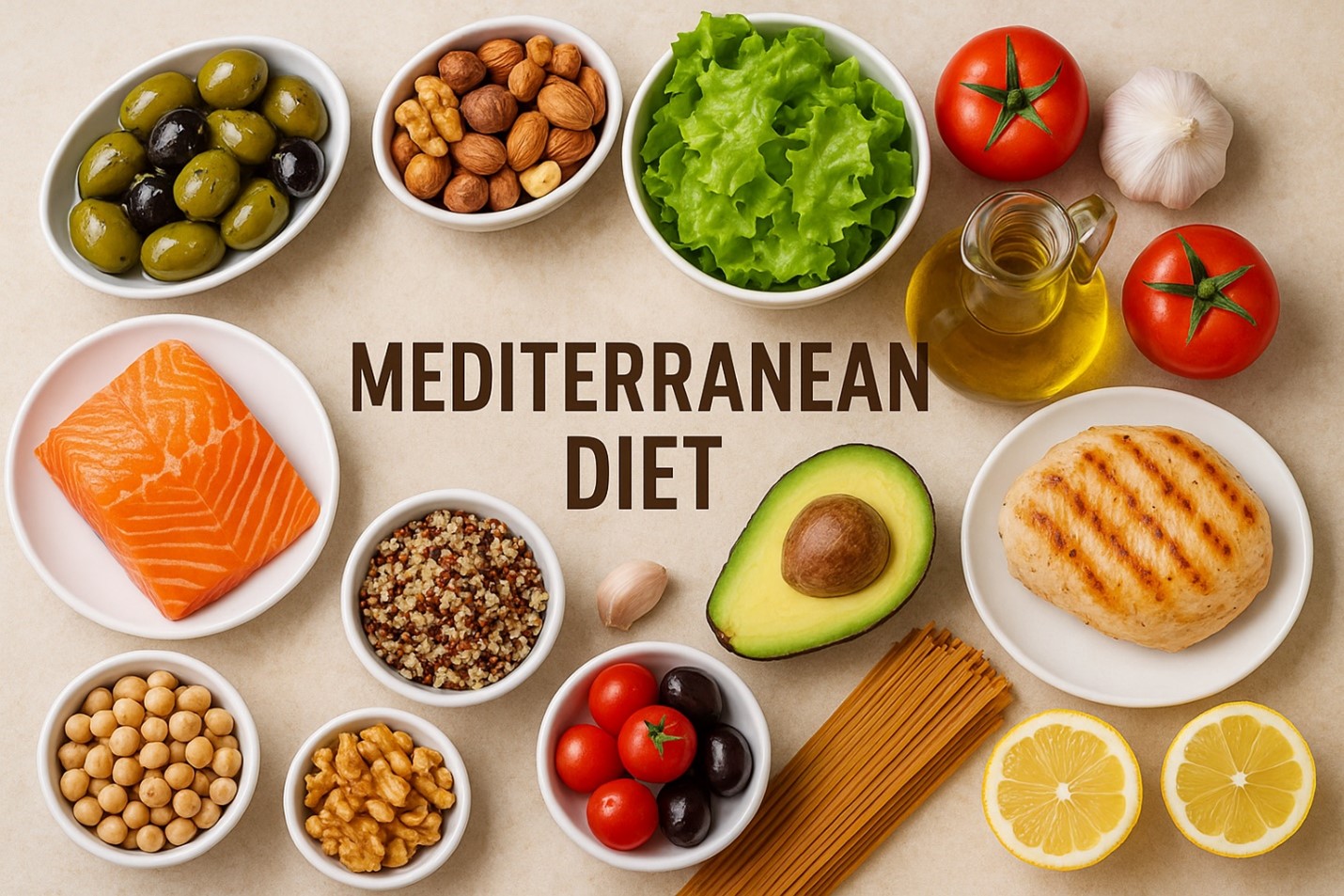 Mediterranean Diet foods including salmon, olive oil, nuts, tomatoes, avocado, whole grains, and fresh vegetables arranged on wooden background.