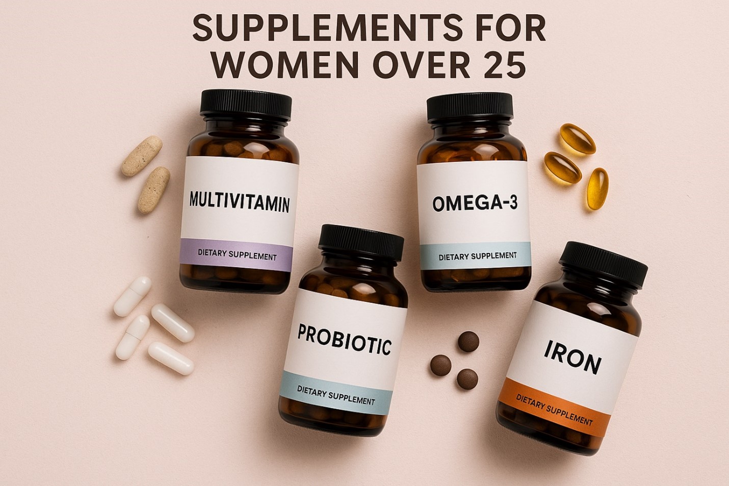 Assortment of supplement bottles labeled Multivitamin, Omega-3, Probiotic, and Iron, designed as supplements for women over 25 on a beige background.