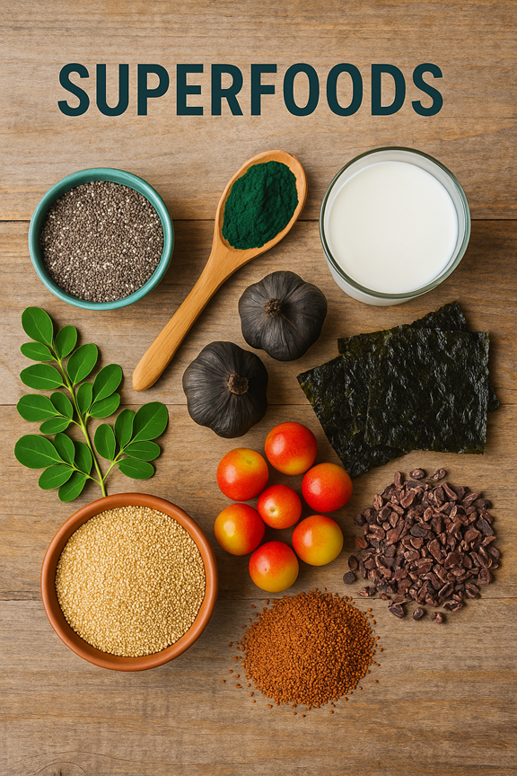 A vibrant flat-lay image featuring 10 superfoods.