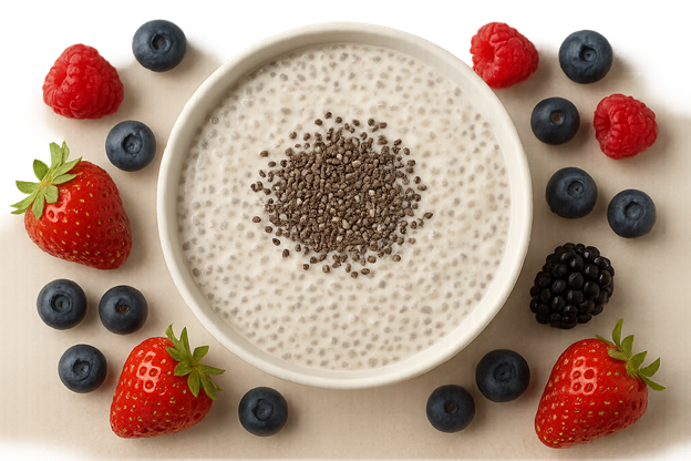 Image of a bowl of chia pudding with chia seeds sprinkled on top representing one of the superfoods.