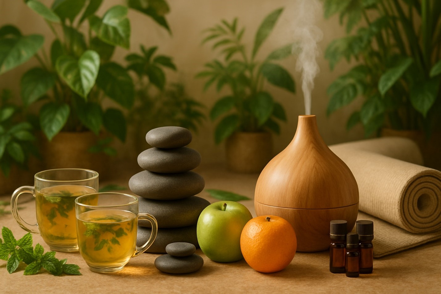 Calming scene with stones, herbal tea, fruits, and an essential oil diffuser, symbolizing natural wellness for balancing hormonal imbalance symptoms.