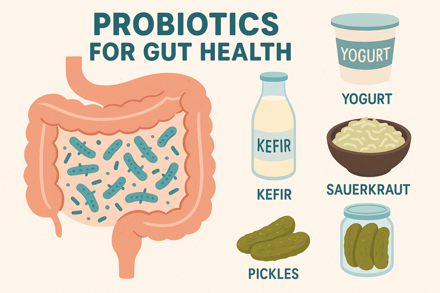 Illustration of probiotics for gut health featuring a healthy intestine with beneficial bacteria, alongside images of yogurt, kefir, sauerkraut, and pickles, promoting natural probiotic sources for digestion and wellness.