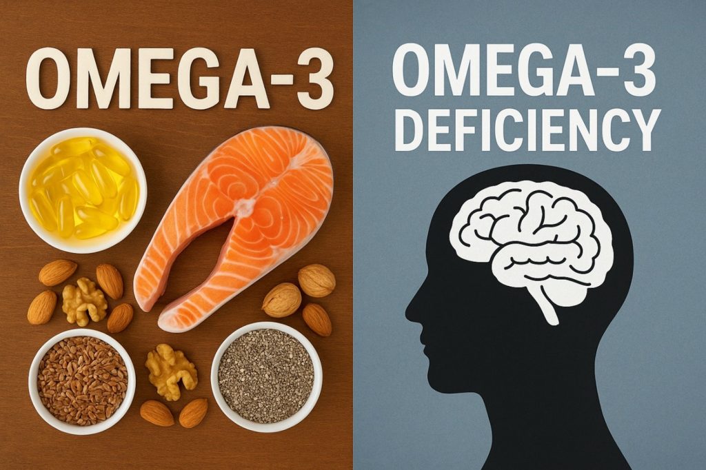 Infographic showing omega-3 deficiency symptoms and food solutions for better health.