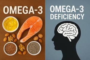 Infographic showing omega-3 deficiency symptoms and food solutions for better health.