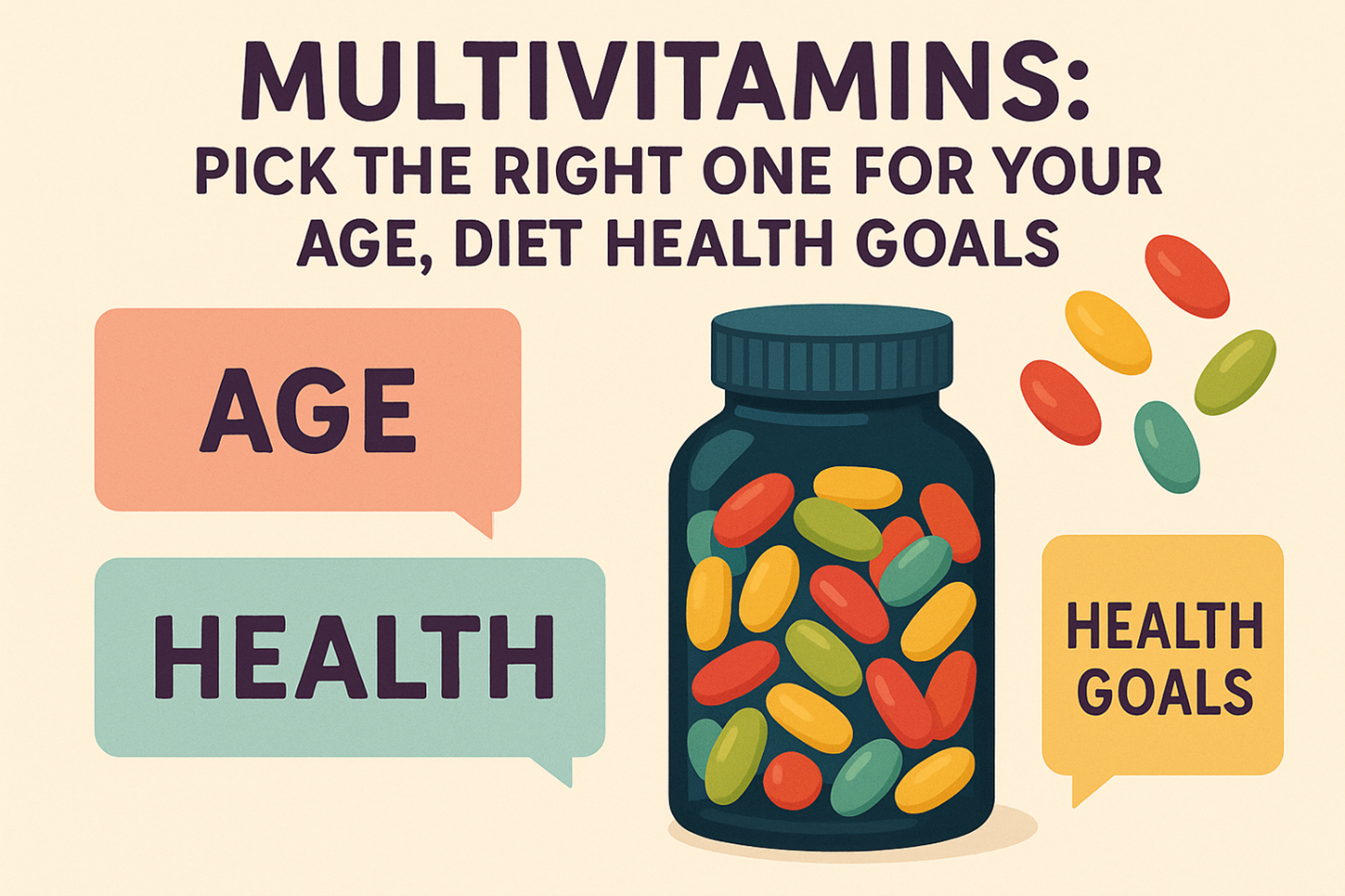 Multivitamins: Choose the right one based on age, diet, and health goals with people and a pill bottle.