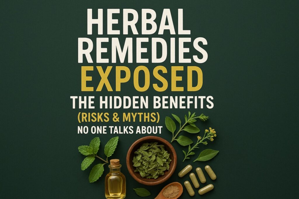 Poster with text 'Herbal Remedies Exposed' and images of herbs, oil bottle, and capsules on a green background.