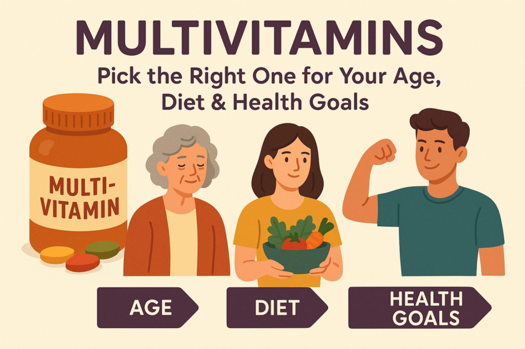Multivitamins: Choose the right one based on age, diet, and health goals with people and a pill bottle.