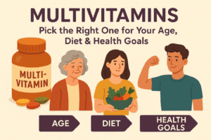 Multivitamins: Choose the right one based on age, diet, and health goals with people and a pill bottle.