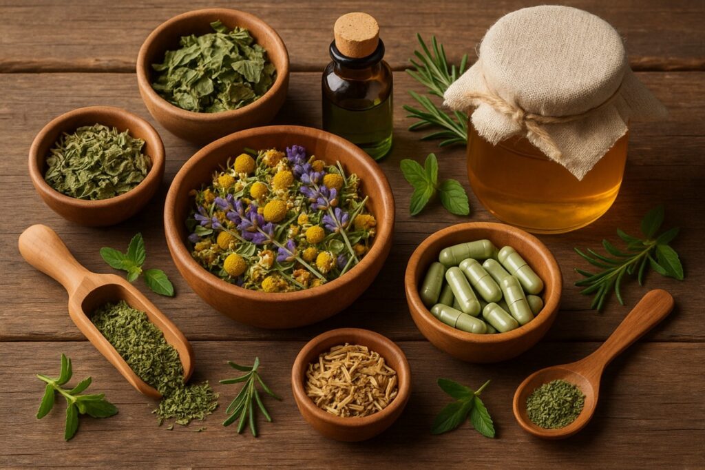 Wooden bowls filled with various dried herbs, capsules, oil bottle, and honey jar on a wooden surface.