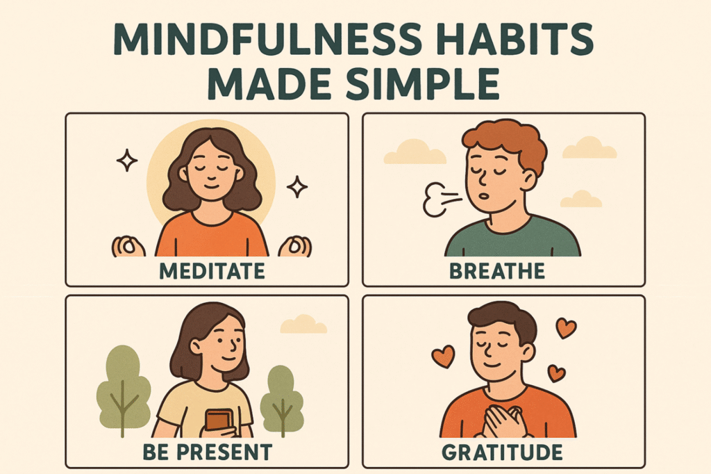An infographic on mindful habits featuring four panels: meditate, breathe, be present, and gratitude, with simple illustrations of people engaging in each activity.
