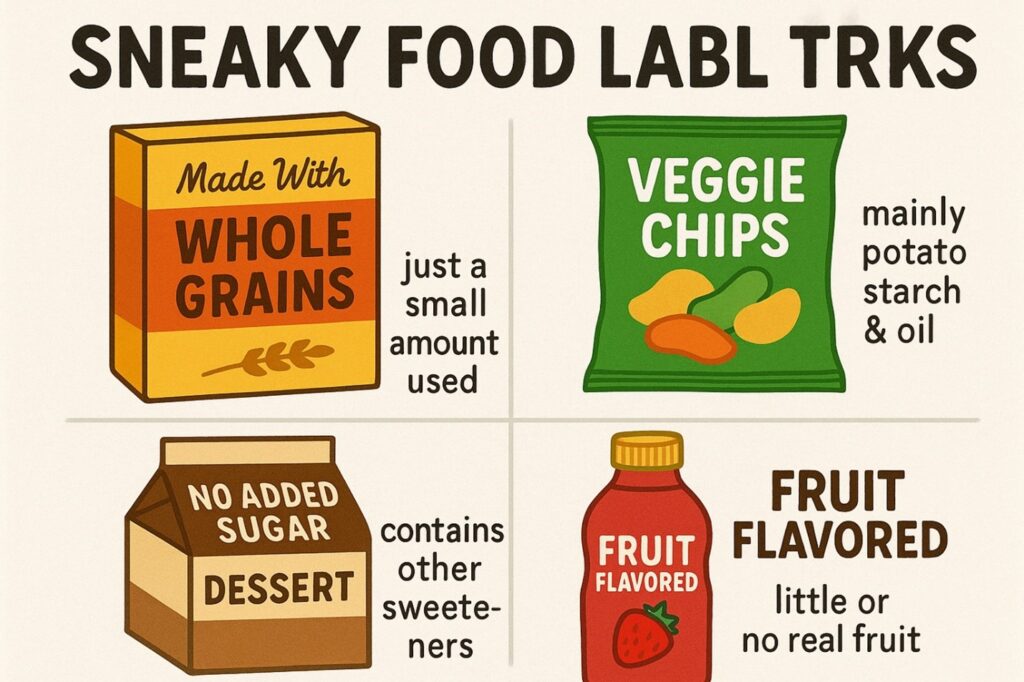 Infographic titled "Sneaky Food Label Tricks" with four examples: "Made With Whole Grains" (small amount used), "Veggie Chips" (mainly potato starch & oil), "No Added Sugar Dessert" (contains other sweeteners), and "Fruit Flavored" (little or no real fruit)