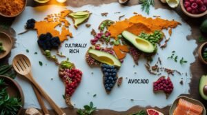 A vibrant, artistic arrangement of culturally rich superfoods
