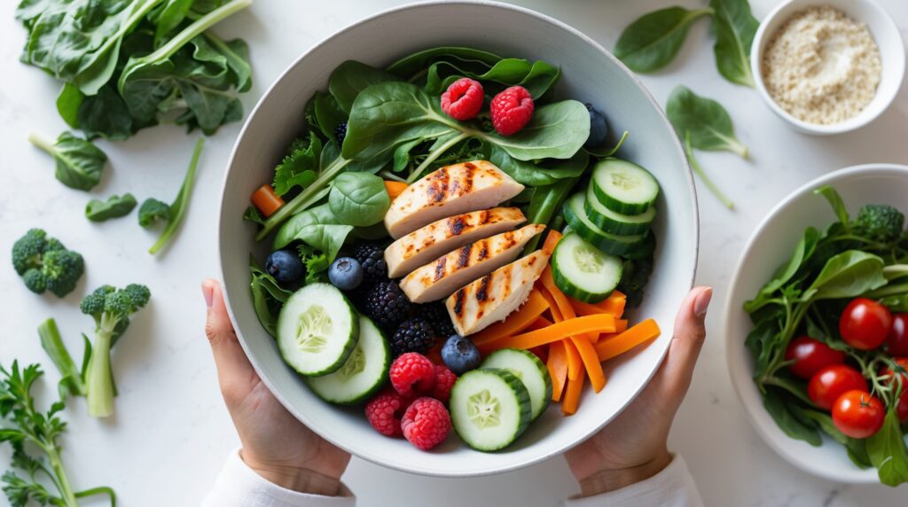 High-volume low-calorie meal with leafy greens, berries, cucumber, grilled chicken, and colorful vegetables for staying in a calorie deficit.