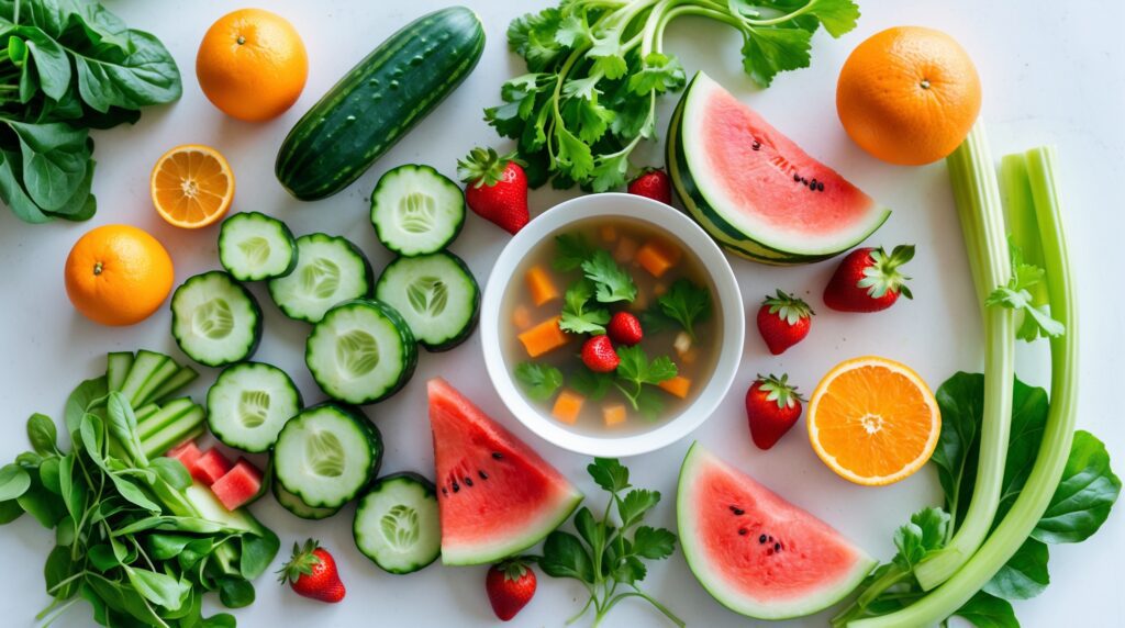 A colorful display of water-rich foods like cucumber, watermelon, oranges, leafy greens, and broth-based soup showing how they help you feel full with fewer calories.