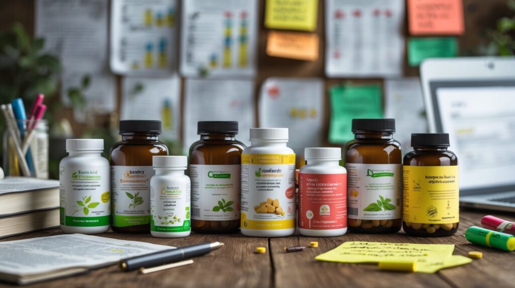 supplement shelves showing mixed evidence on vitamin and herbal effectiveness