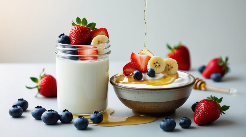Kefir and yogurt with probiotics supporting digestion and gut health.”