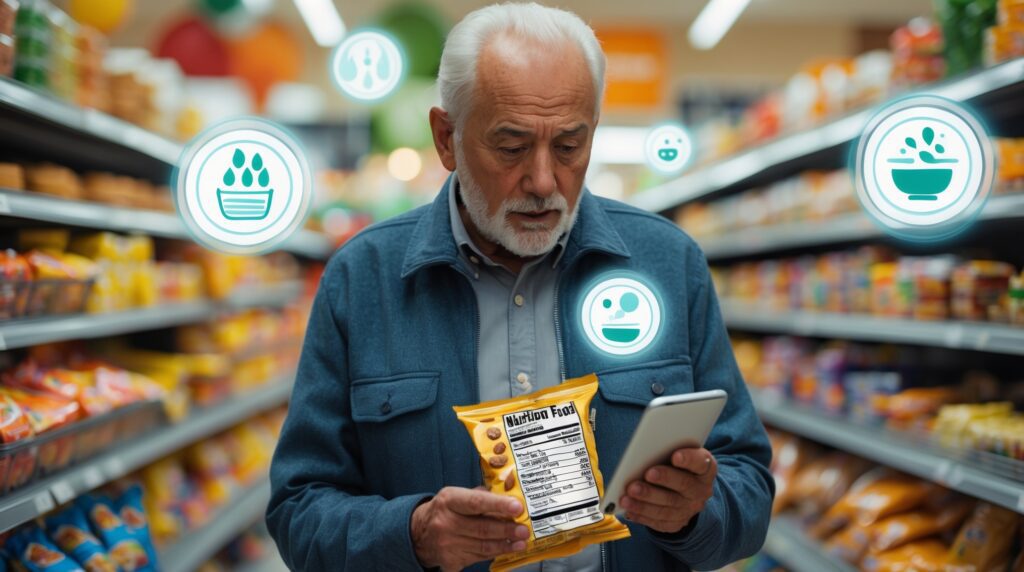 Senior man reading food labels in a grocery store, learning to spot hidden sugars and fats