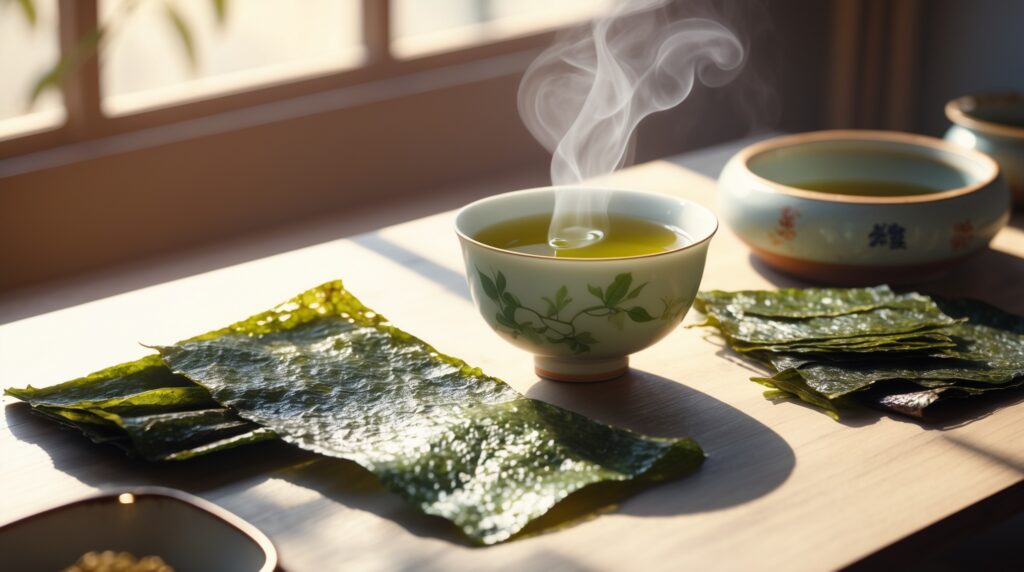 Japanese green tea and seaweed showing antioxidant-rich culturally rich superfoods