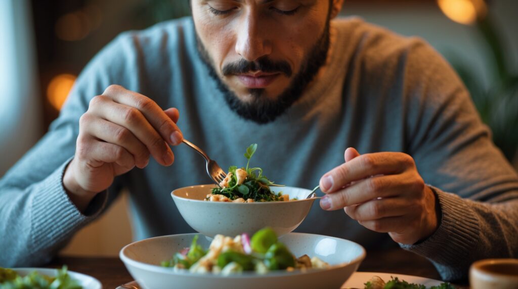 A man eating mindfully with slow, calm bites, showing how mindful eating supports staying in a calorie deficit without feeling deprived.
