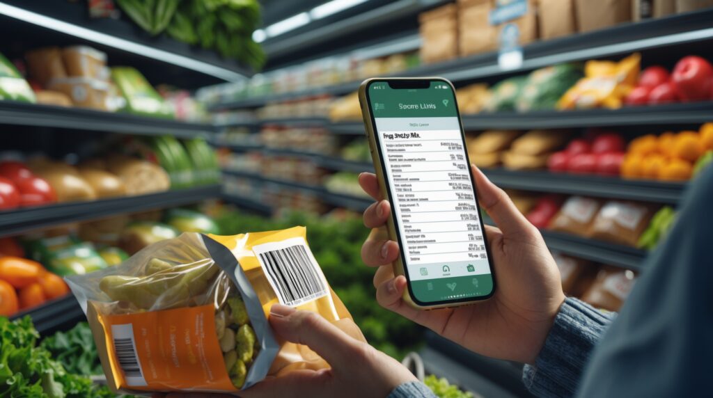 Customer scanning a food barcode with smartphone to learn how to read food labels, ingredient list, and nutrition info