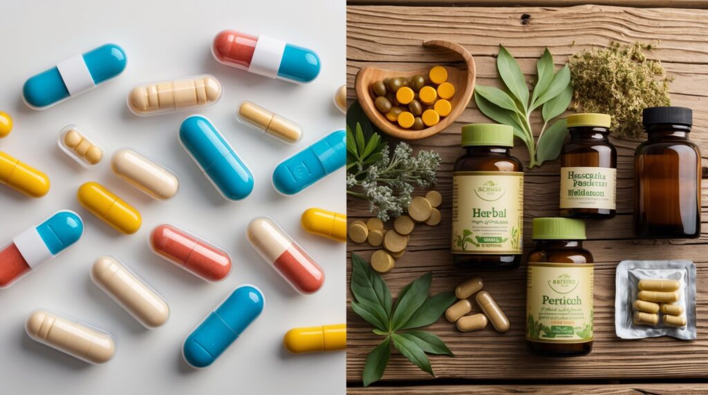 medicine vs supplements comparison split image showing prescription drugs and dietary vitamins