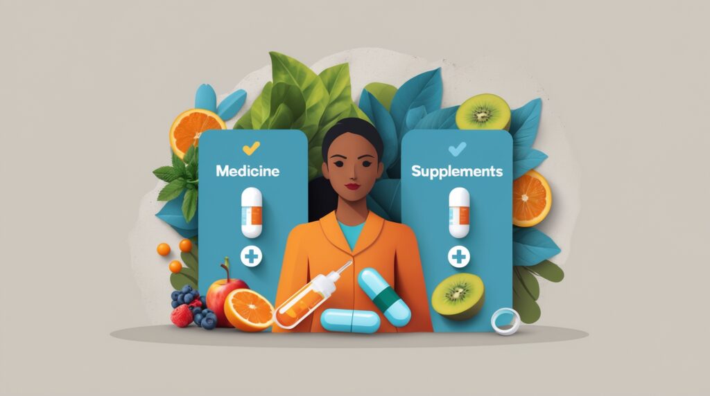 medicine vs supplements comparison split image showing prescription drugs and dietary vitamins