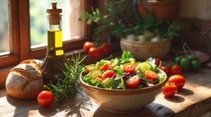 Mediterranean superfood olive oil with salad, herbs, and bread showing healthy fat source.