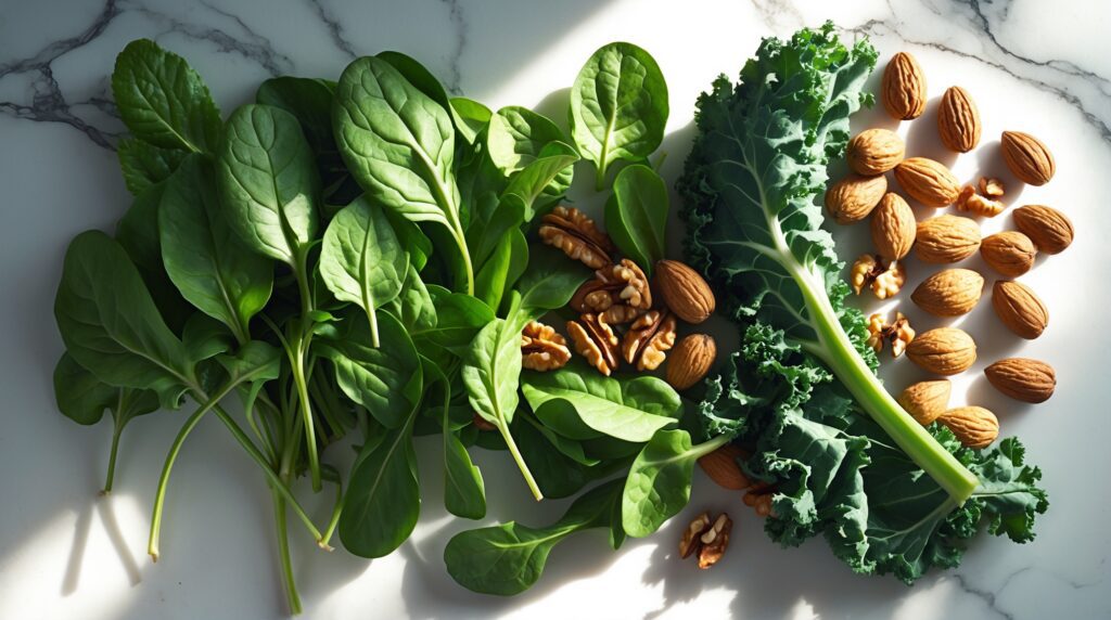 Leafy greens with nuts showing fiber, vitamins, and plant-based proteins.