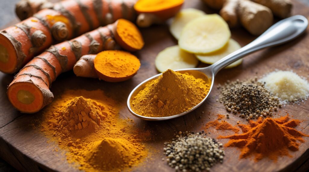 Turmeric and ginger spices rich in antioxidants and anti-inflammatory compounds.