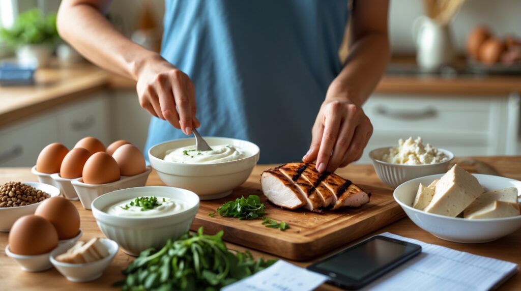 A person preparing protein-rich foods like chicken, eggs, Greek yogurt, and lentils to show how protein reduces cravings and keeps you full longer.
