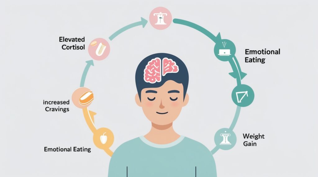 Infographic showing how stress triggers cortisol, leading to cravings, emotional eating, and weight gain in a continuous cycle.