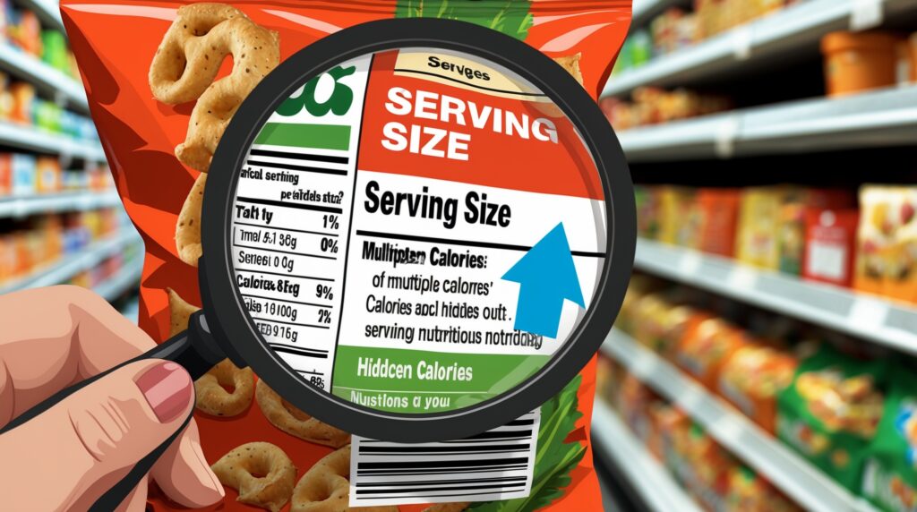 Nutrition label magnified to show serving size and hidden calories