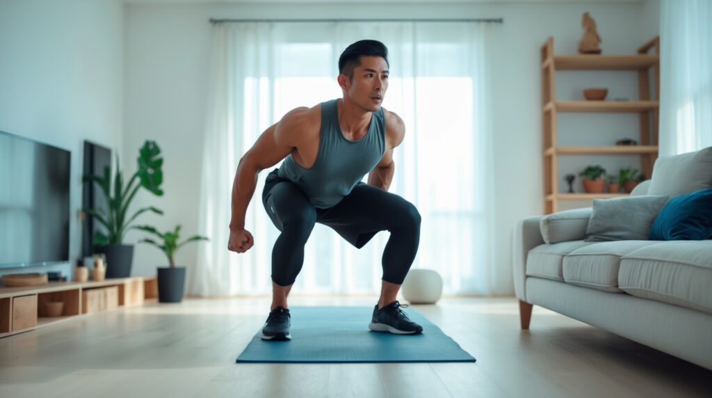 A person performing bodyweight exercises in a home workout circuit, showing how no-gym routines build strength and boost calorie burning.