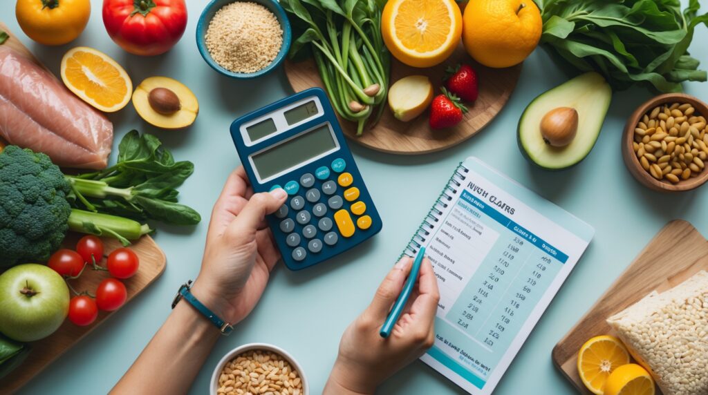 Person calculating calories with a calculator next to healthy foods, showing 'How to Stay in a Calorie Deficit Without Feeling Deprived' concept."