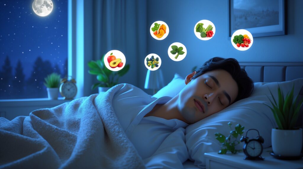 A man sleeping peacefully with visual icons showing reduced cravings, highlighting how good sleep supports calorie deficit and appetite control.