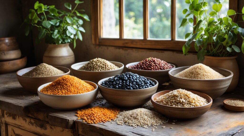 Whole grains and legumes rich in fiber and plant protein as traditional superfoods.”