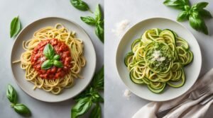 Healthy food swap showing traditional pasta next to zucchini noodles as a low-calorie alternative.
