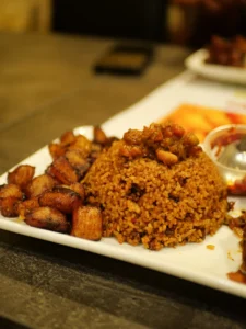 West African jollof rice with fried plantains – a traditional African Heritage Diet dish