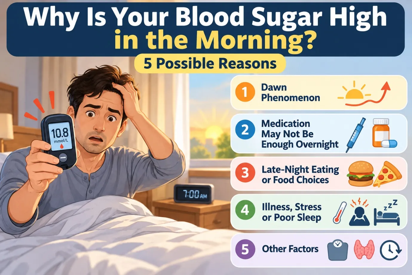 Infographic of 5 possible reasons for high blood sugar in the morning: dawn phenomenon, medication, late eating, illness and stress, other factors