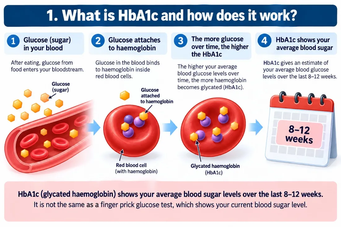 Diagram of how the HbA1c test works: glucose attaches to haemoglobin in red blood cells over 8 to 12 weeks